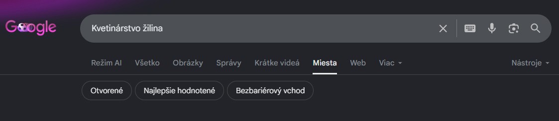 Google vyhľad&aacute;vanie v&yacute;razu Kvetin&aacute;rstvo Žilina s vybranou kartou Miesta