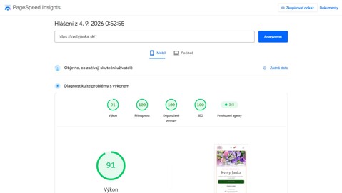 Ukážka projektu kvetyjanka.sk – Výkon a optimalizácia